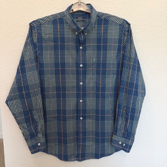 Izod Other - IZOD Mens Blue Green Plaid Non-Iron Stretch Long Sleeve Button Down Shirt Large